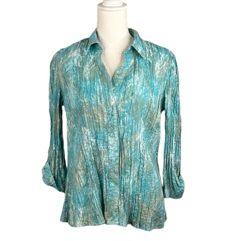 Christopher & Banks Green & White Crinkle Long Sleeve Button Down Top Size M